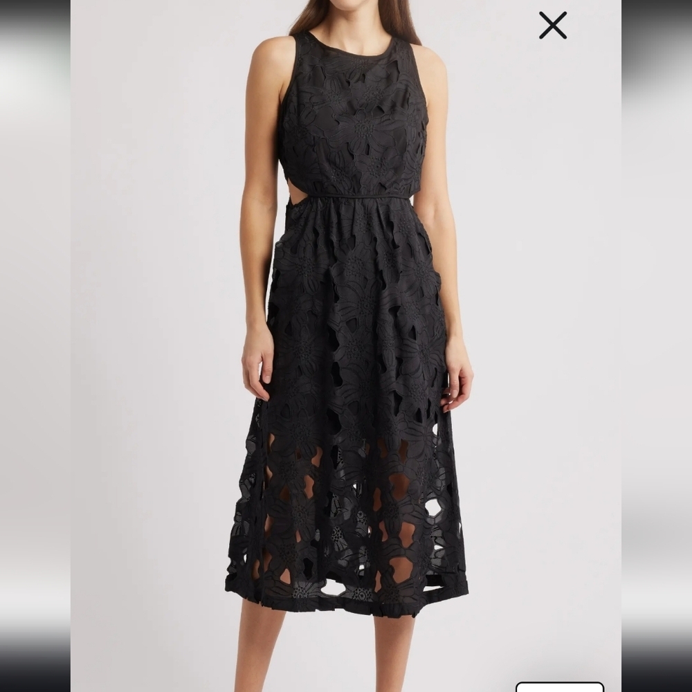 $159 Sam Edelman Cutout Flower Sleeveless Maxi Dress Sz 14 Black Eyelet Lace
